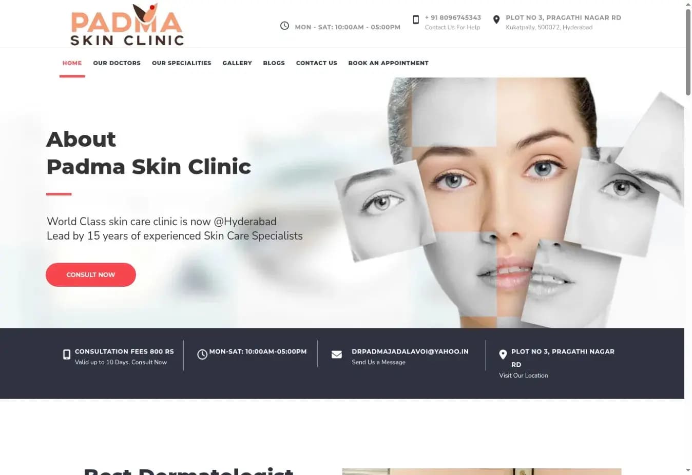 Screenshot of the Padma Skin Clinic website