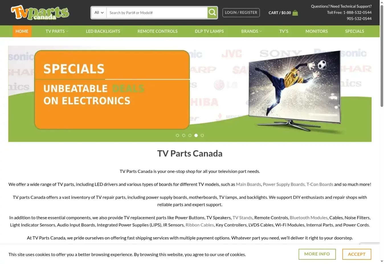 Screenshot of the TV Parts Canada website
